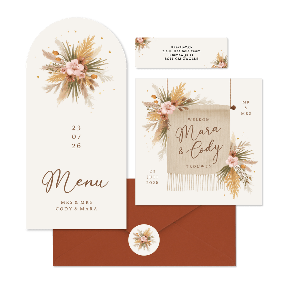 Trouwkaarten romantisch bohemian droogbloemen en gras