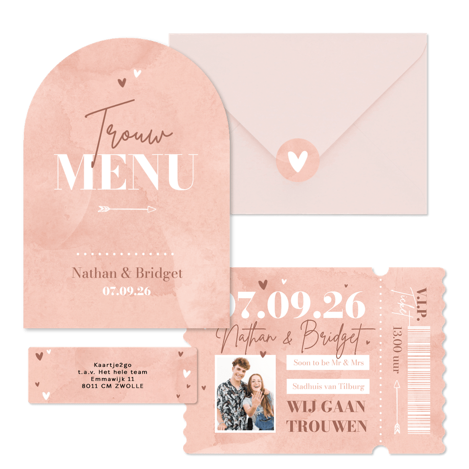 Trouwkaarten roze waterverf hip hartjes ticket