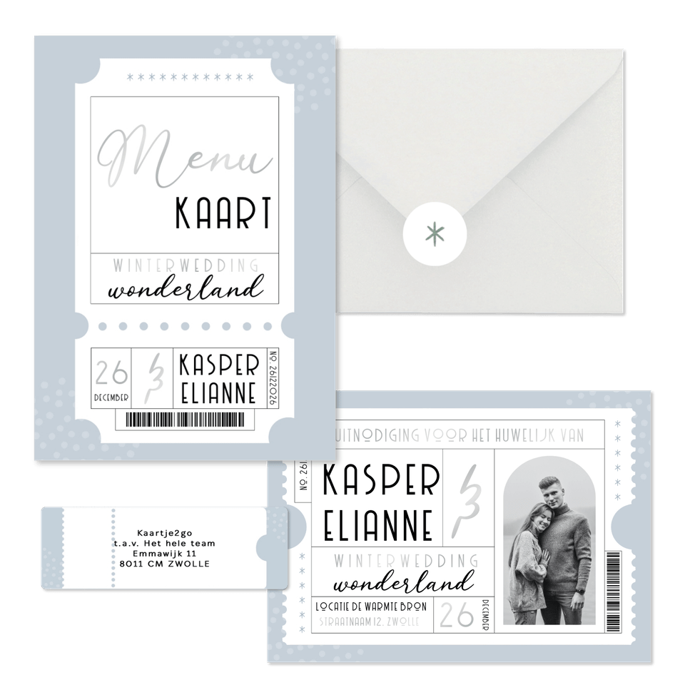 Trouwset blauwe winter wedding ticket 