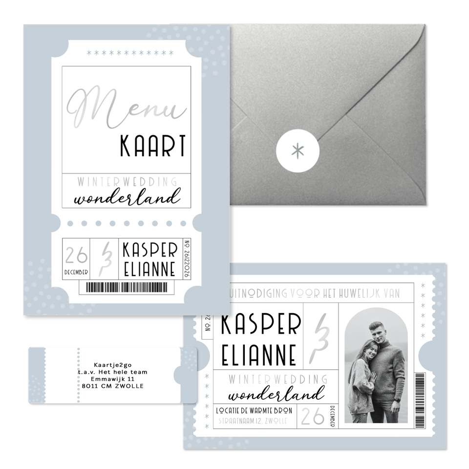Trouwset blauwe winter wedding ticket
