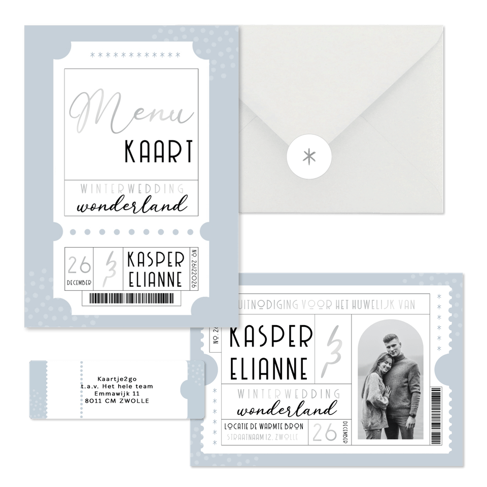 Trouwset blauwe winter wedding ticket 