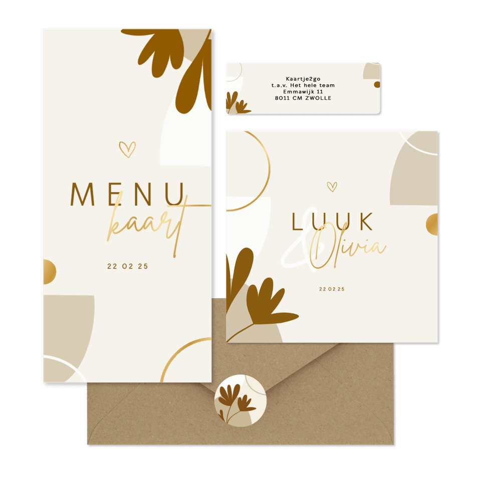 Trouwkaartenset naturel met abstracte vormen