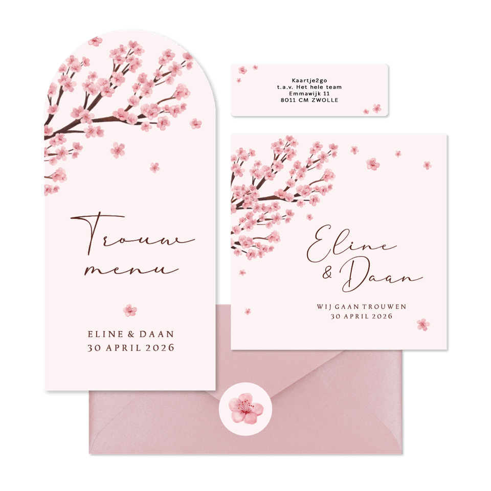 Trouwkaarten set kersenbloesem lente romantisch