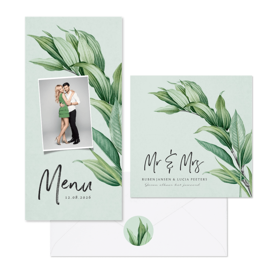 Botanische trouwset met groene bladeren