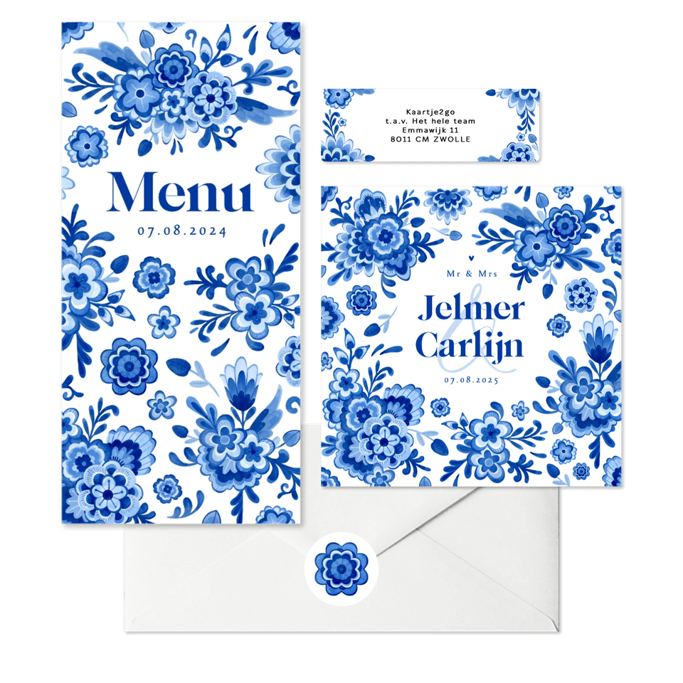 Trouwkaarten Delfts blauw bloemen origineel