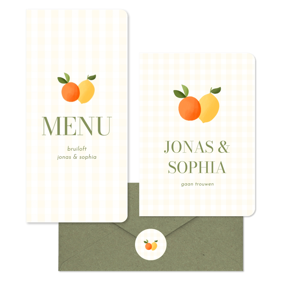 Trouwen geel ruitjespatroon met citroen en mandarijn