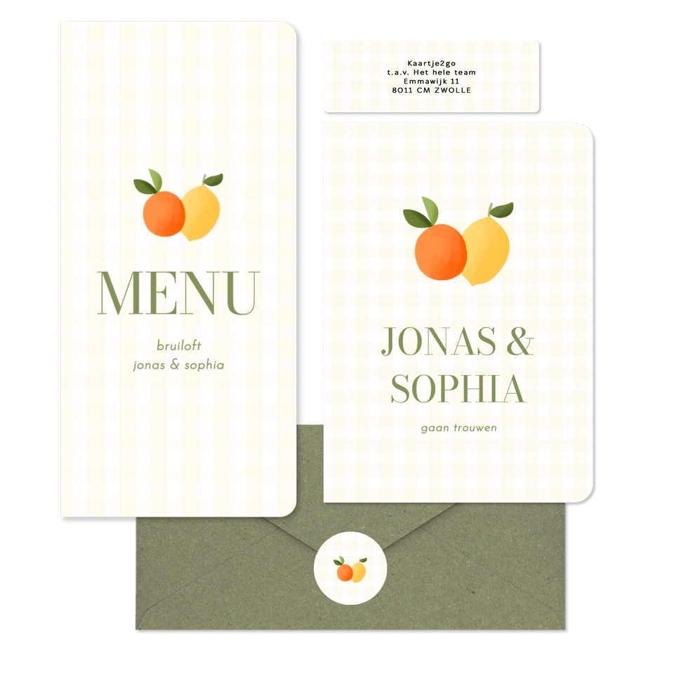 Trouwen geel ruitjespatroon met citroen en mandarijn