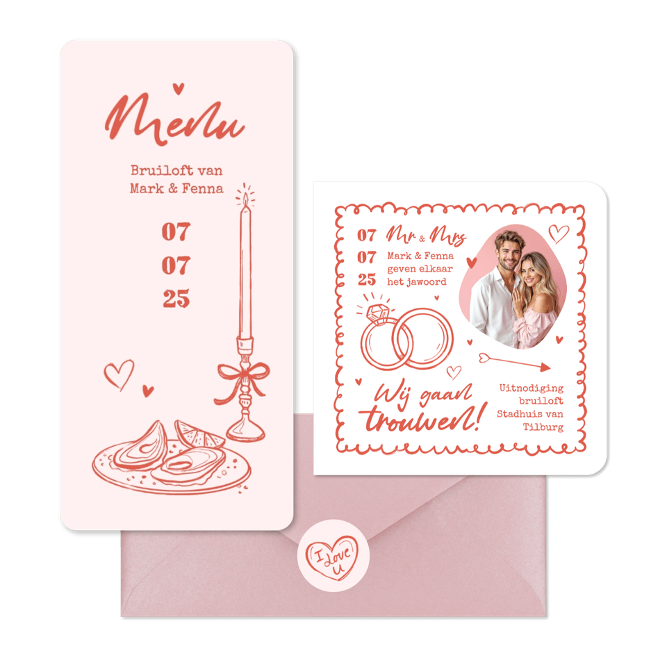 Trouwkaarten hip romantisch doodle illustraties roze