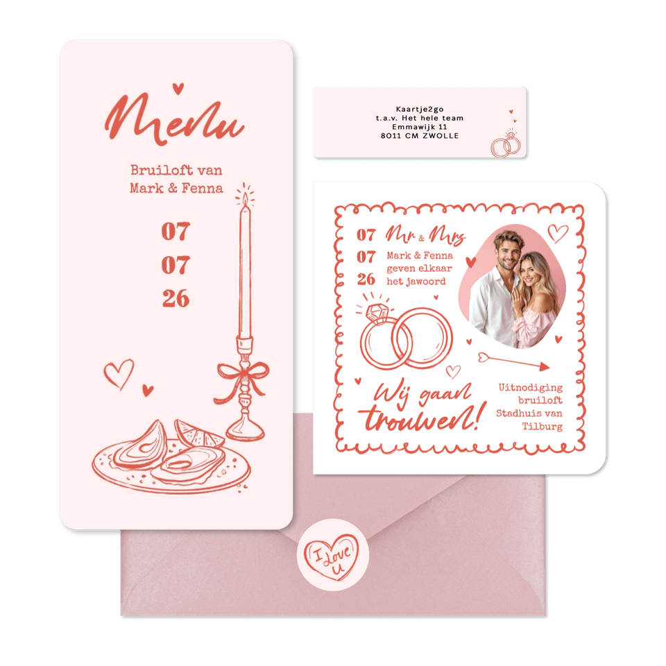 Trouwkaarten hip romantisch doodle illustraties roze
