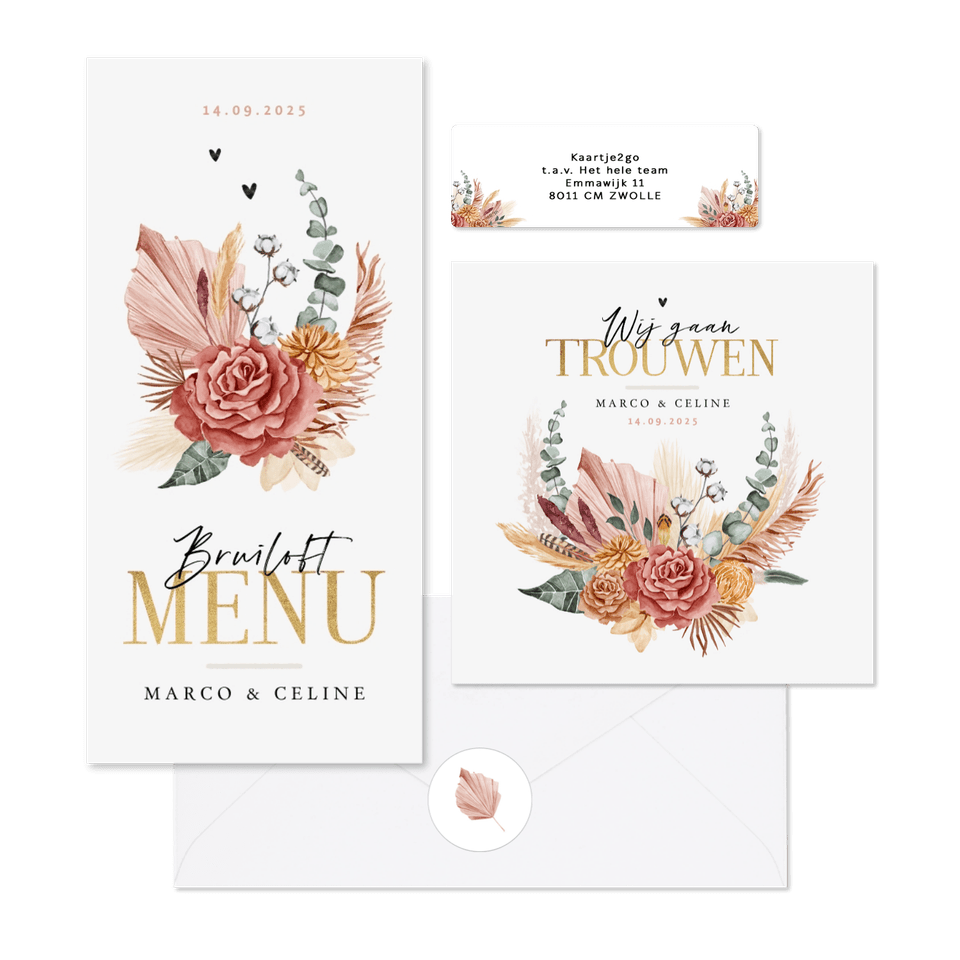 Trouwset met geschilderde roze droogbloemen