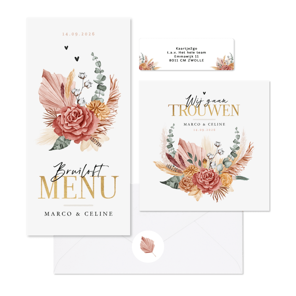 Trouwset met geschilderde roze droogbloemen