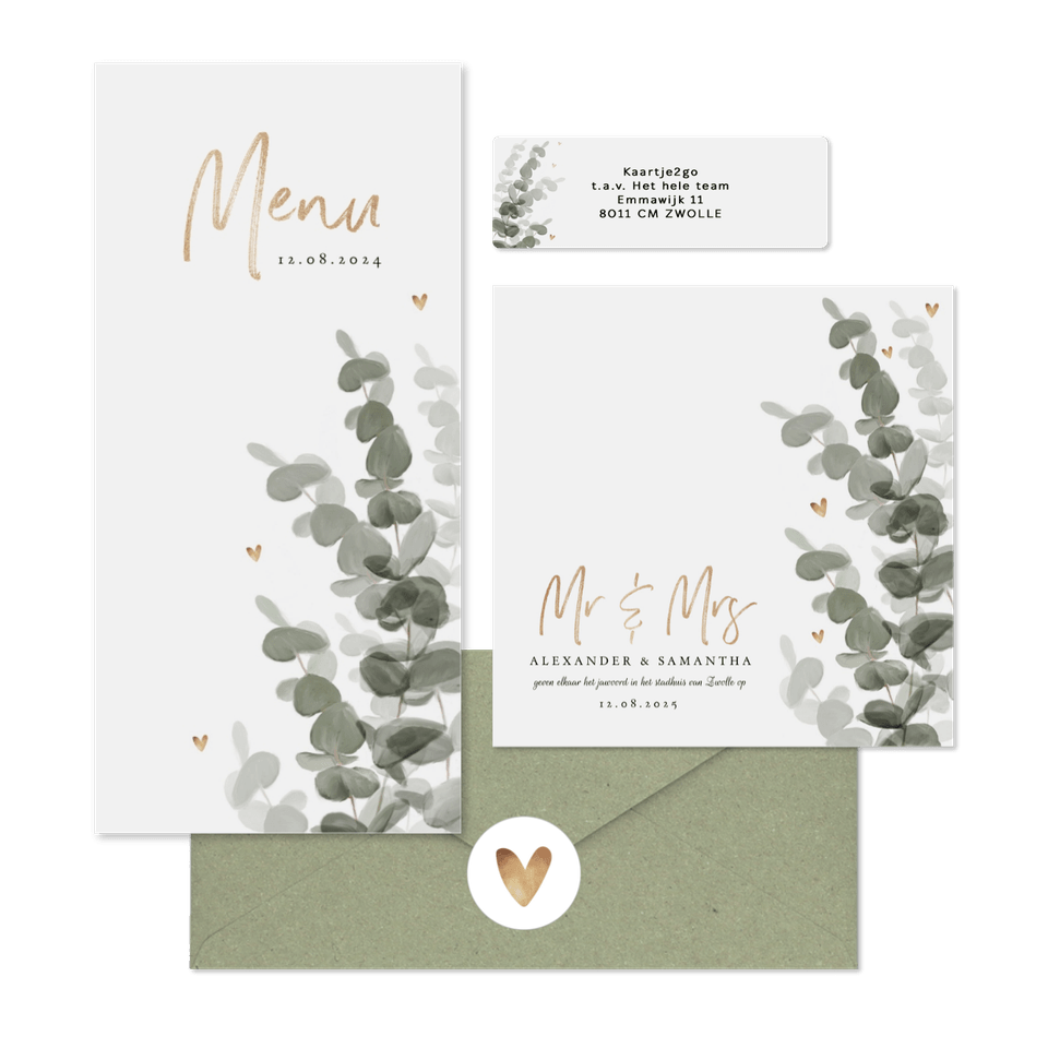 Botanische trouwset eucalyptus met goud