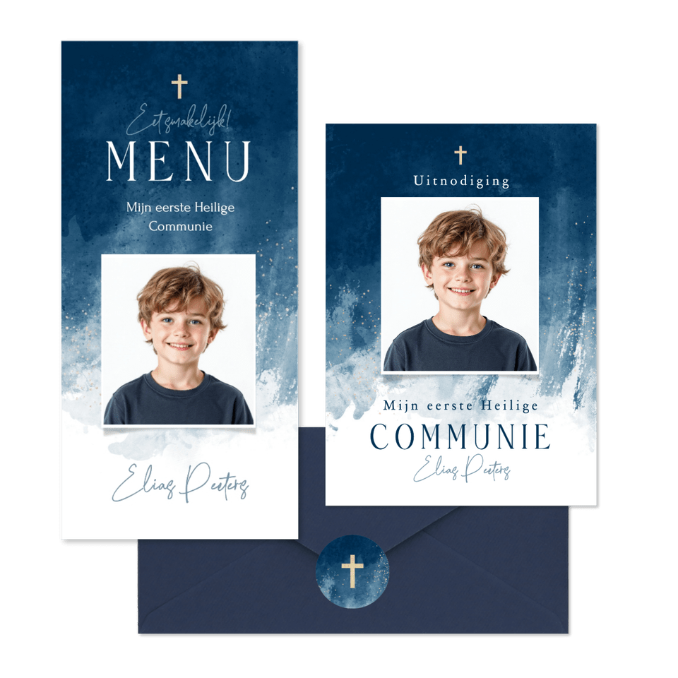 Communiekaarten waterverf blauw stijlvol jongen