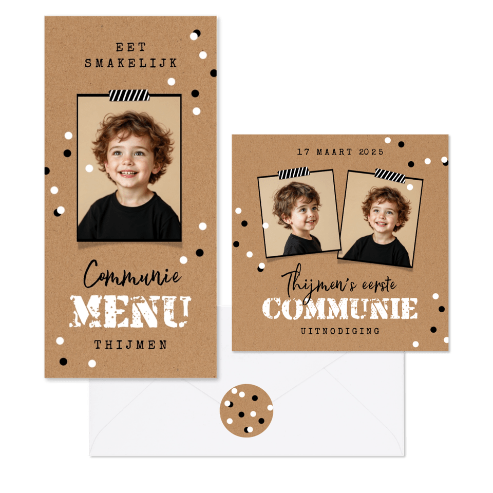 Communiekaarten stoer kraftpapier confetti zwart wit foto's