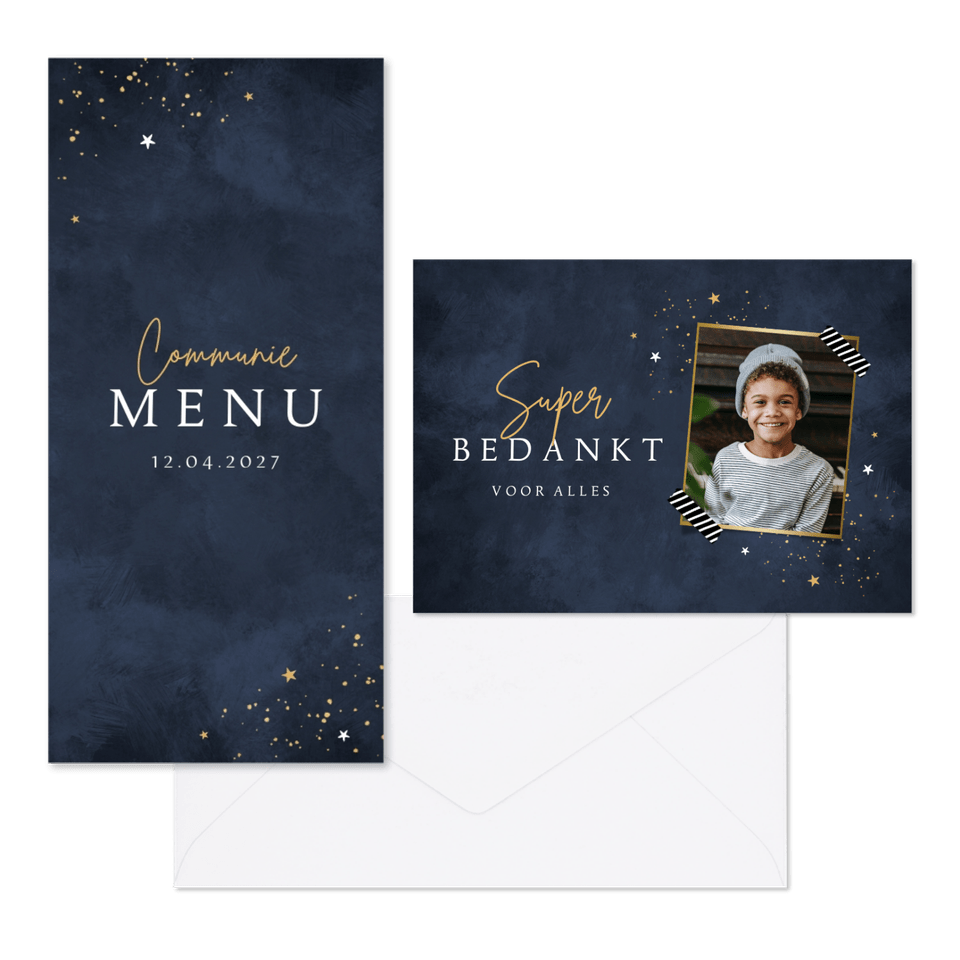 Communiekaarten stijlvol diepblauw waterverf met gouden sterretjes