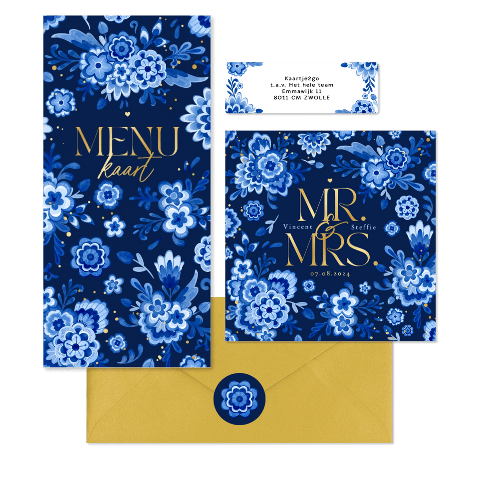 Trouwset Delftsblauw donker goud bloemen