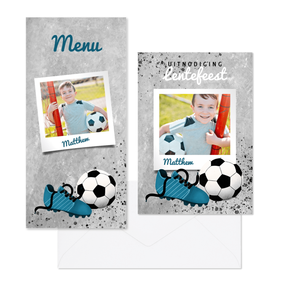 Voetbalthema met betonlook, spetters en foto's