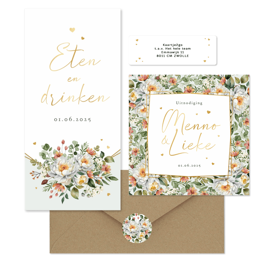 Trouwkaarten romantisch stijlvol bloemen klassiek boeket hartjes