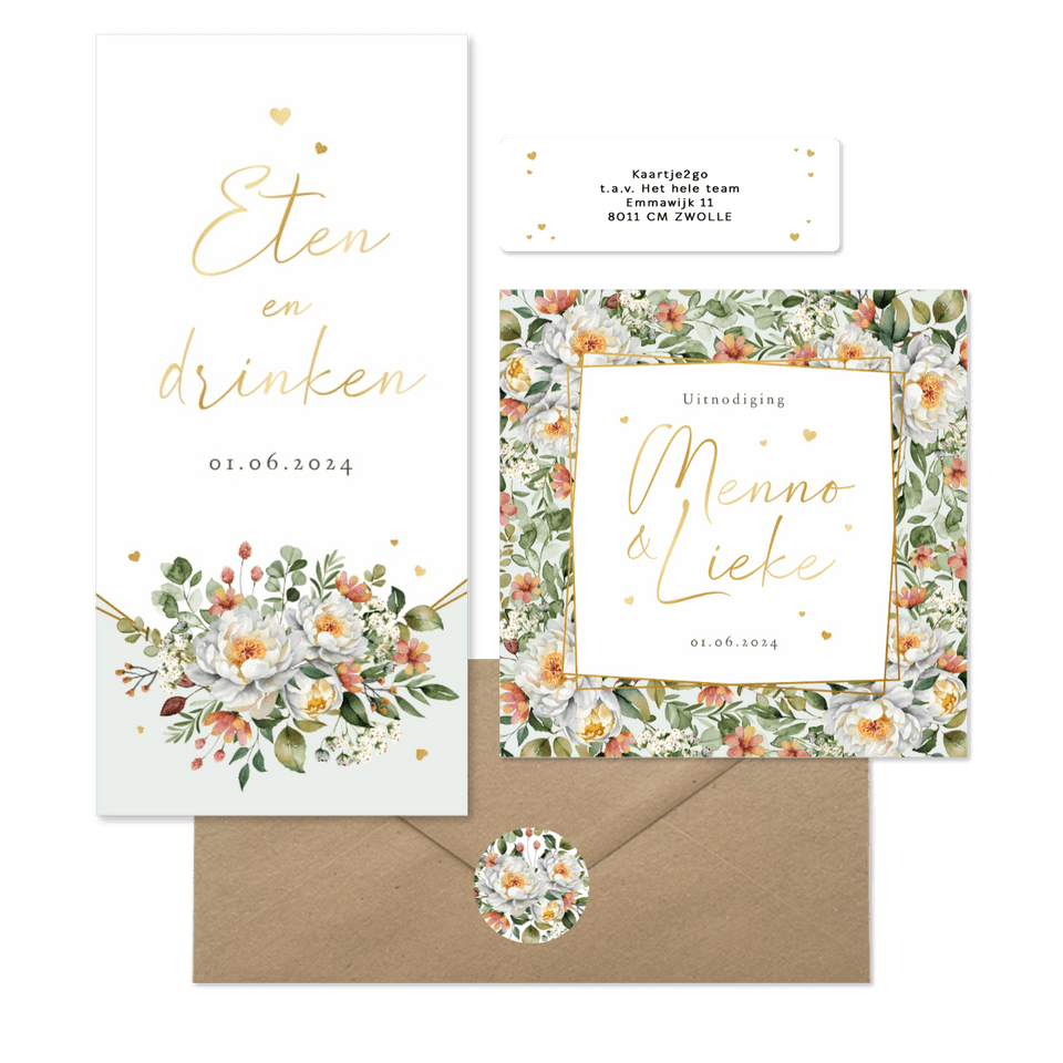 Trouwkaarten romantisch stijlvol bloemen klassiek boeket hartjes