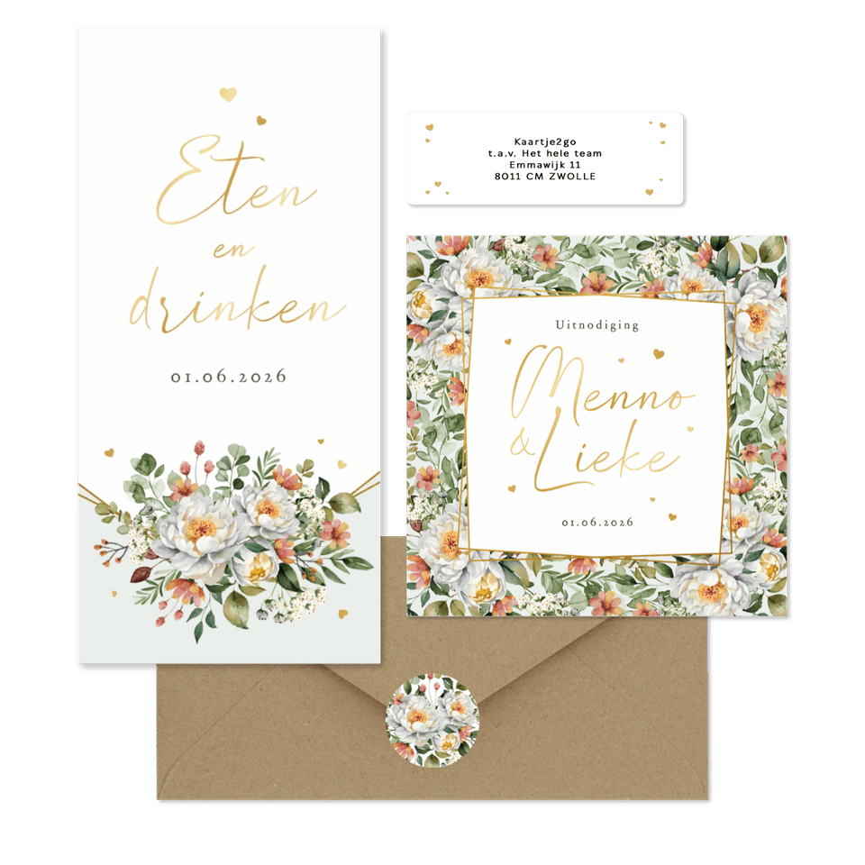 Trouwkaarten romantisch stijlvol bloemen klassiek boeket hartjes