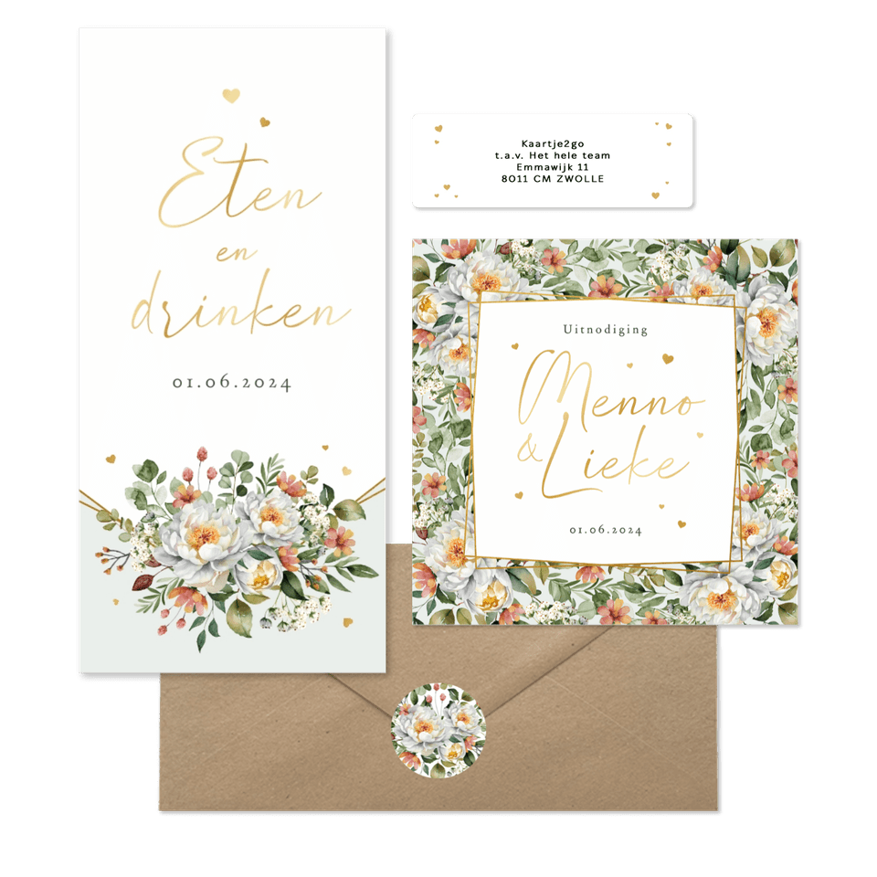 Trouwkaarten romantisch stijlvol bloemen klassiek boeket hartjes