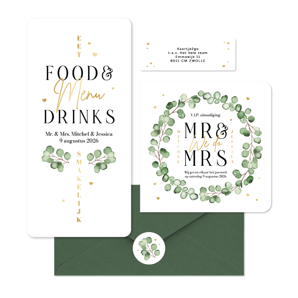 Trouwkaarten set eucalyptus stijlvol hip modern hartjes goud romantisch