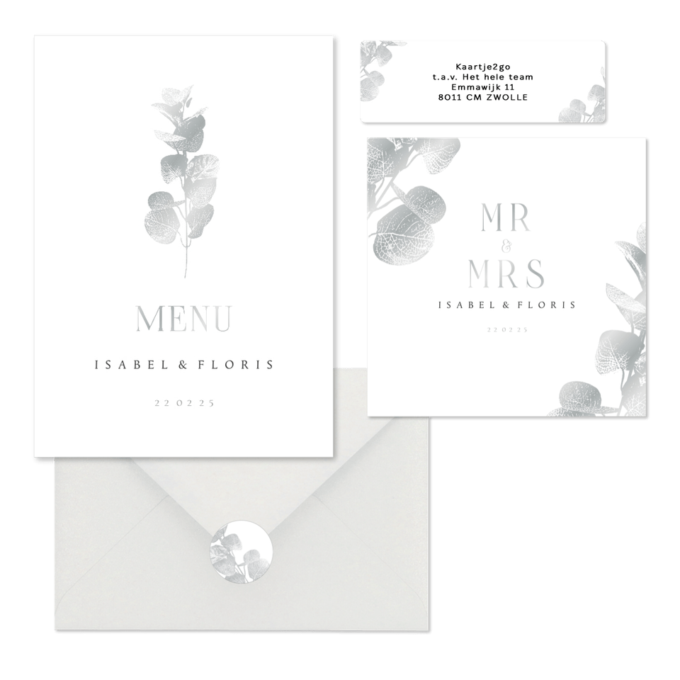 Trouwset met zilveren eucalyptustak