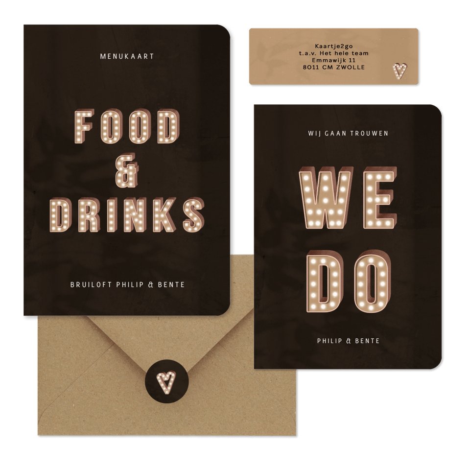 Trouwset festival lichtletters marquee donker