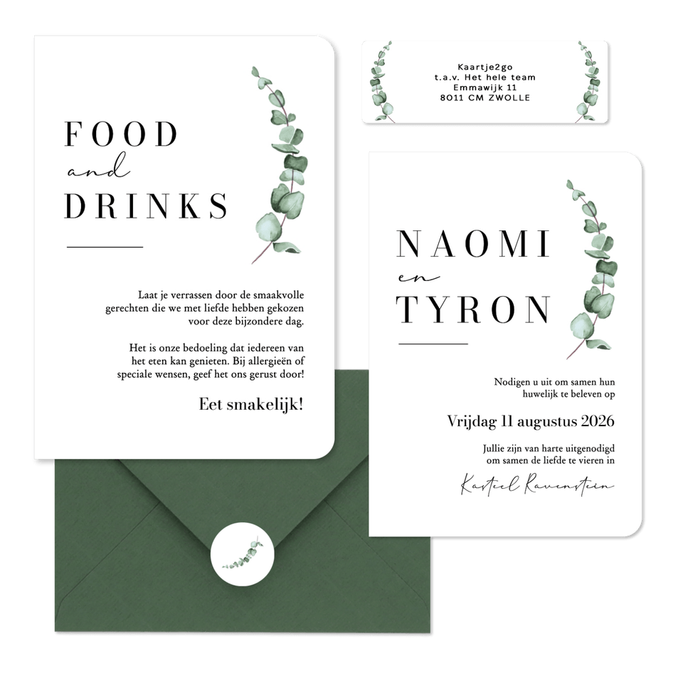 Trouwkaarten set klassiek stijlvol eucalyptus waterverf grafisch