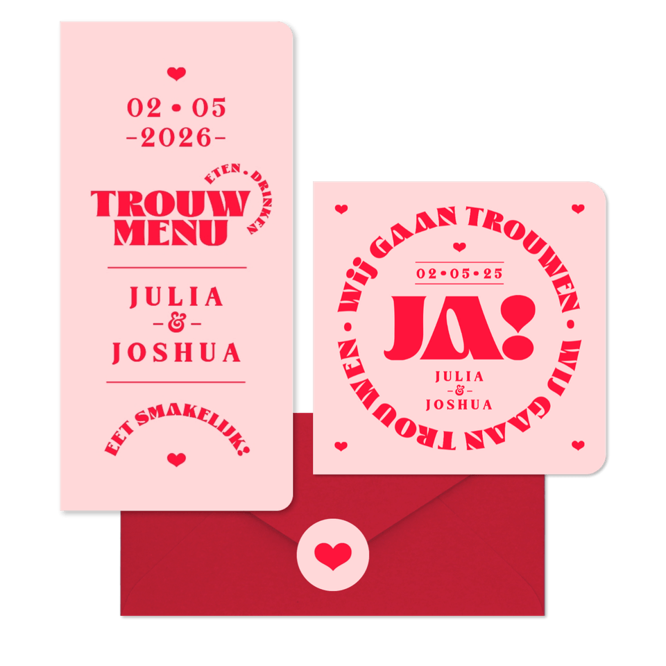 Trouwkaarten set modern typografisch romantisch hip roze rood