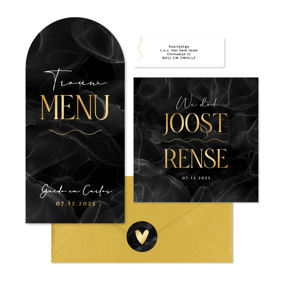 Trouwset chic marmer zwart goud typografisch