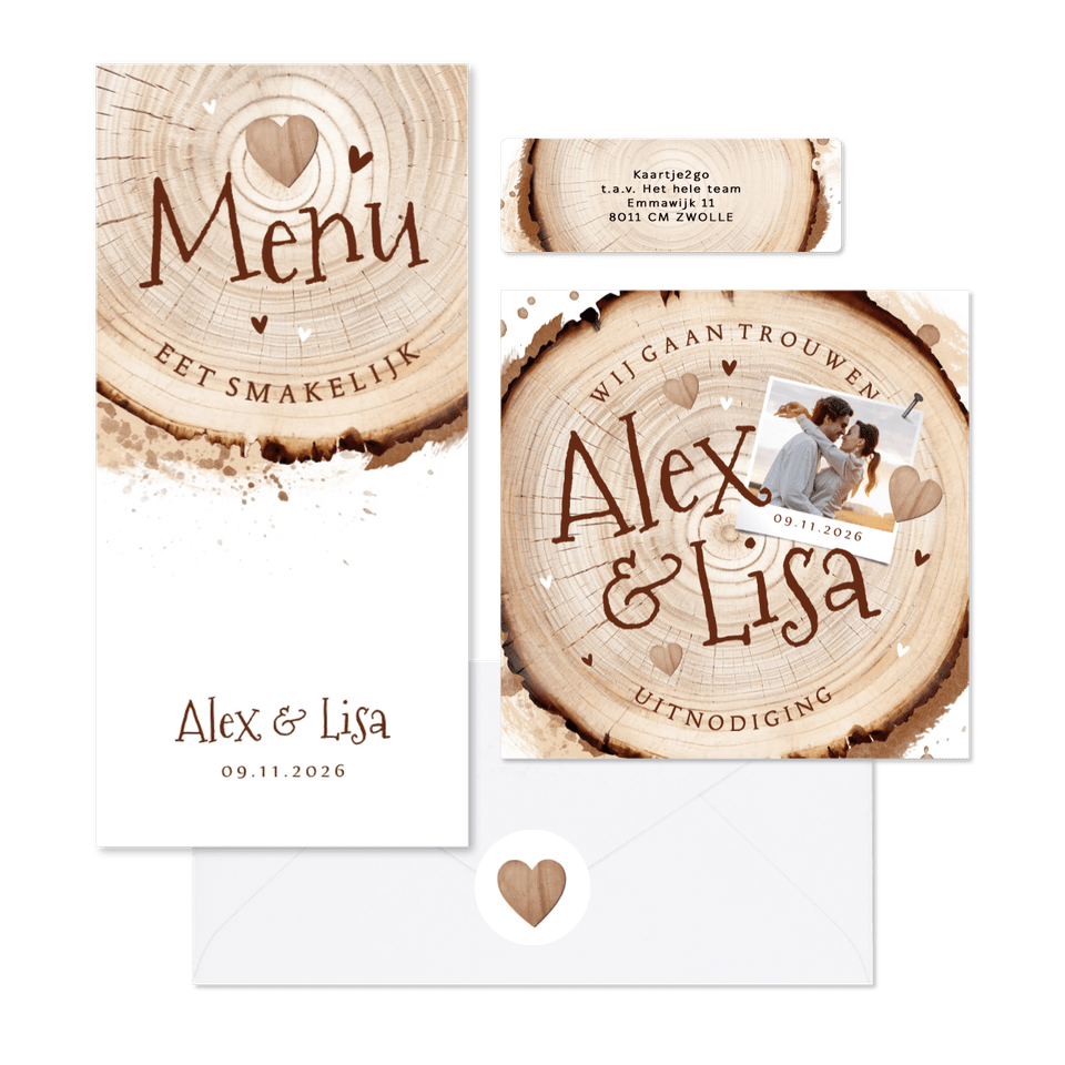 Trouwset houtlook boomstam natuurlijk hartjes