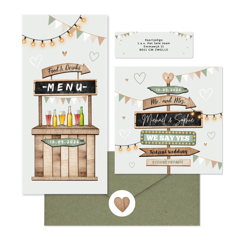 Festival thema trouwset met houten wegwijzers