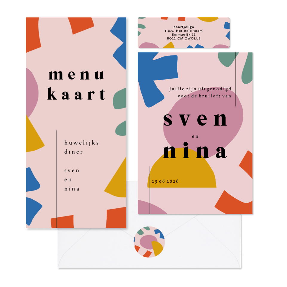 Trouwset kunstzinnig, abstract en kleurrijk