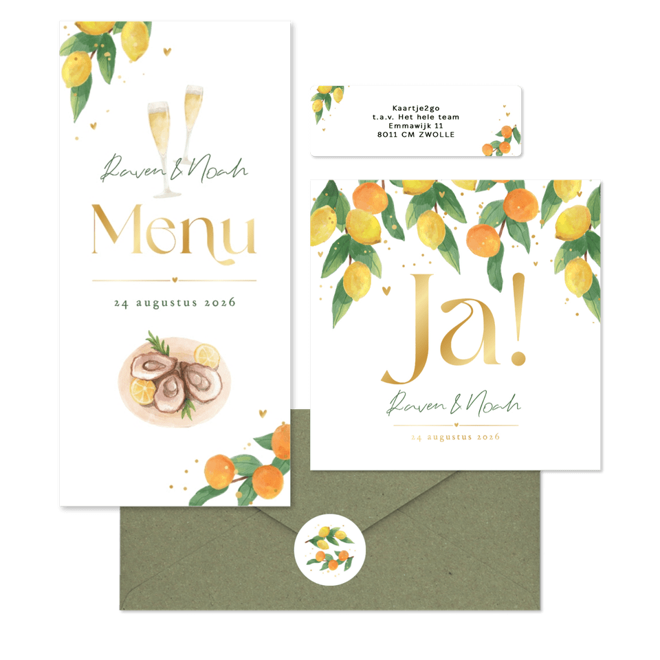 Trouwkaarten mediterrane zomer citroenen mandarijnen fris waterverf goud