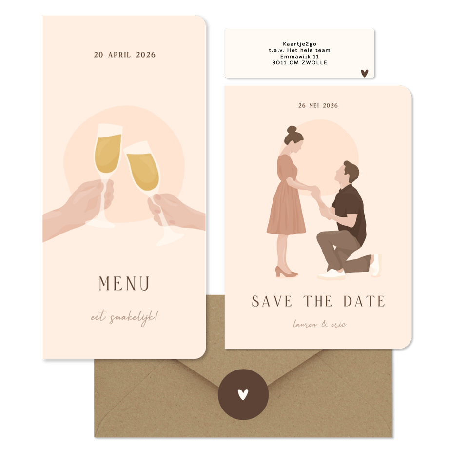 Trouwset met illustratie portretten van bruidspaar