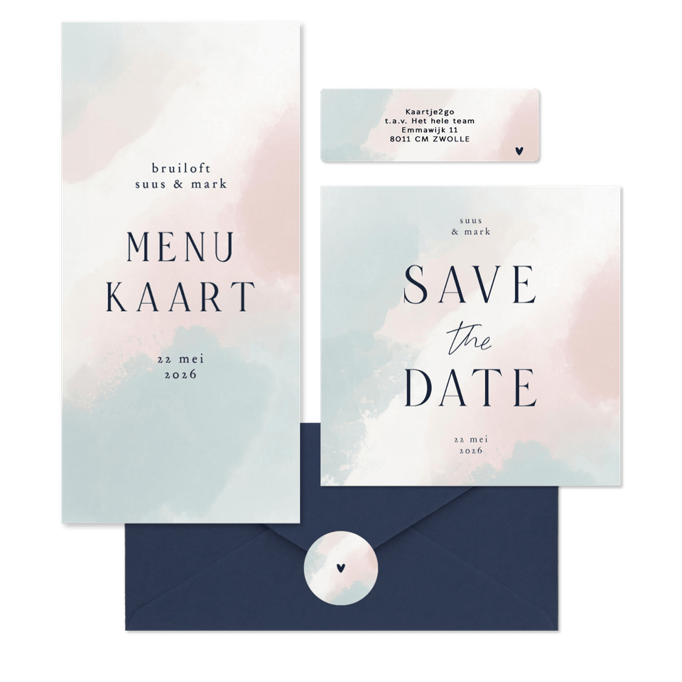 Trouwen minimalistisch waterverf roze blauw wit