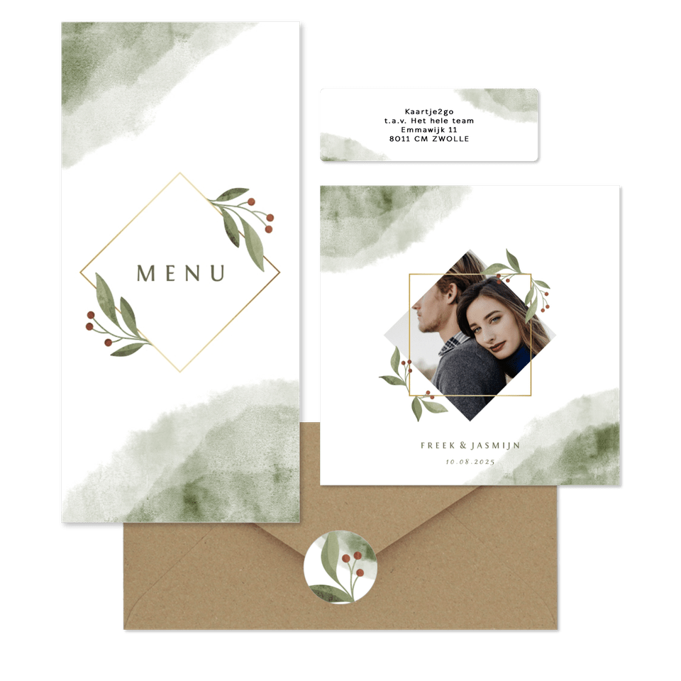 Botanische trouwset met takje groene aquarel