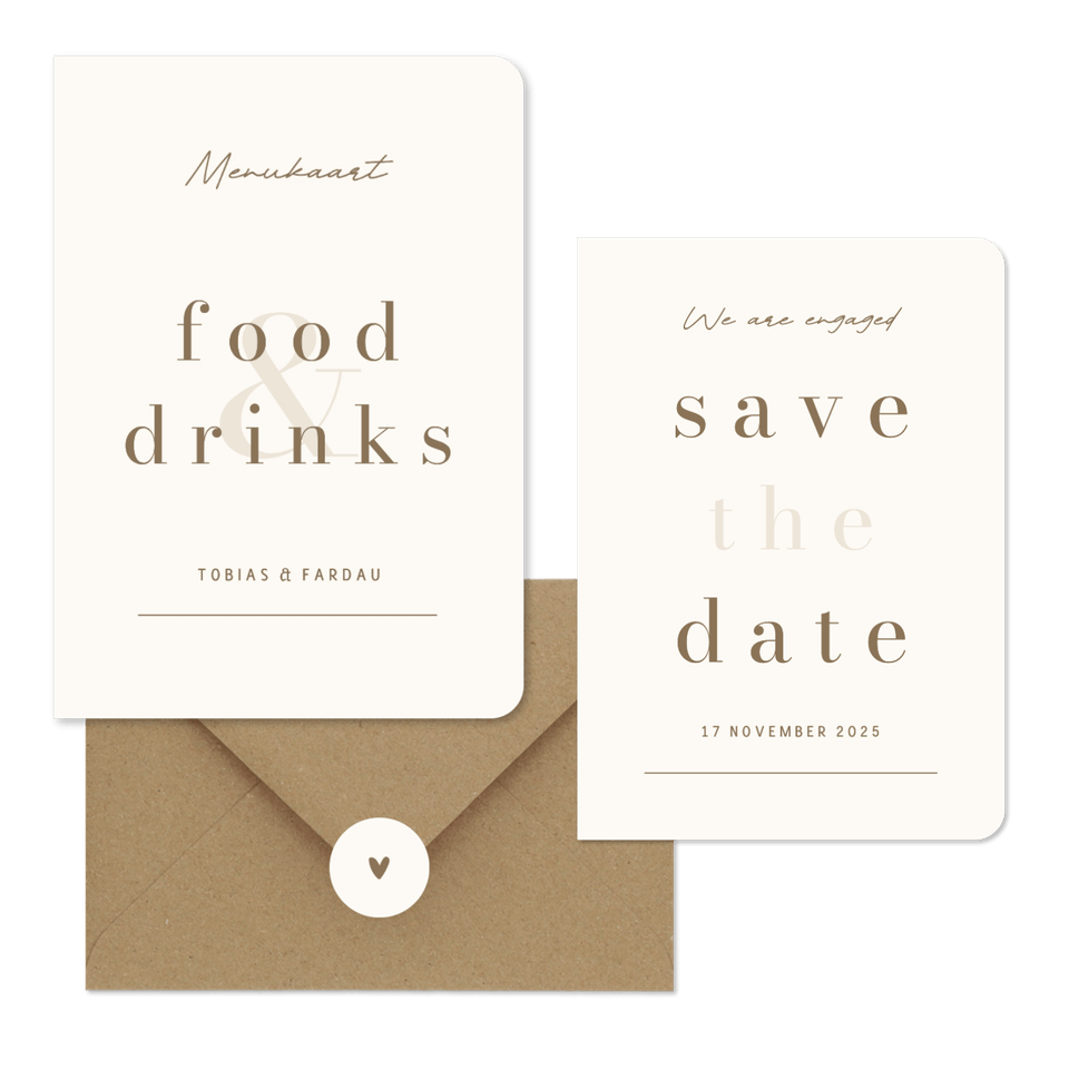 Minimalistische trouwkaart beige met bruin streep