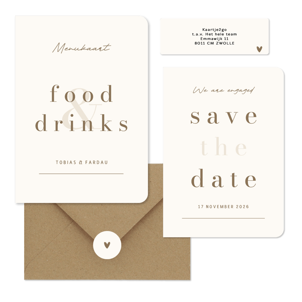 Minimalistische trouwkaart beige met bruin streep