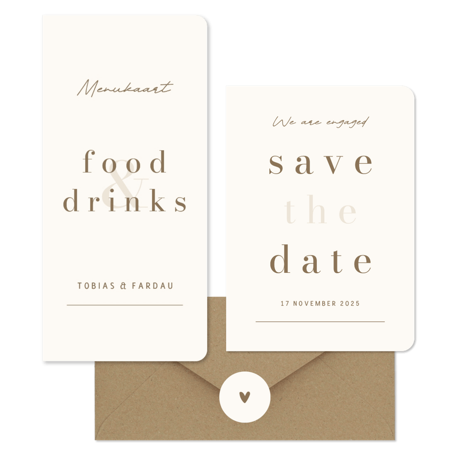 Minimalistische trouwkaart beige met bruin streep