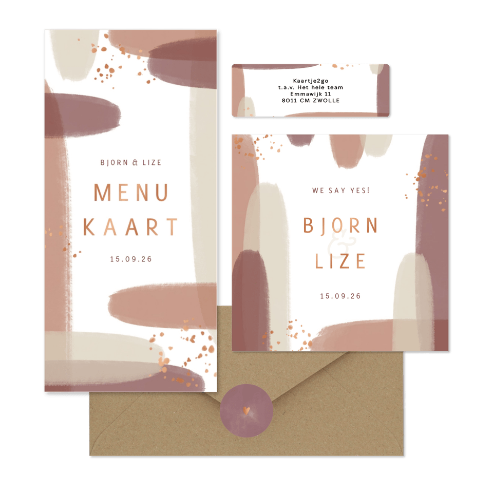 Trouwset waterverf strepen met koper spetters