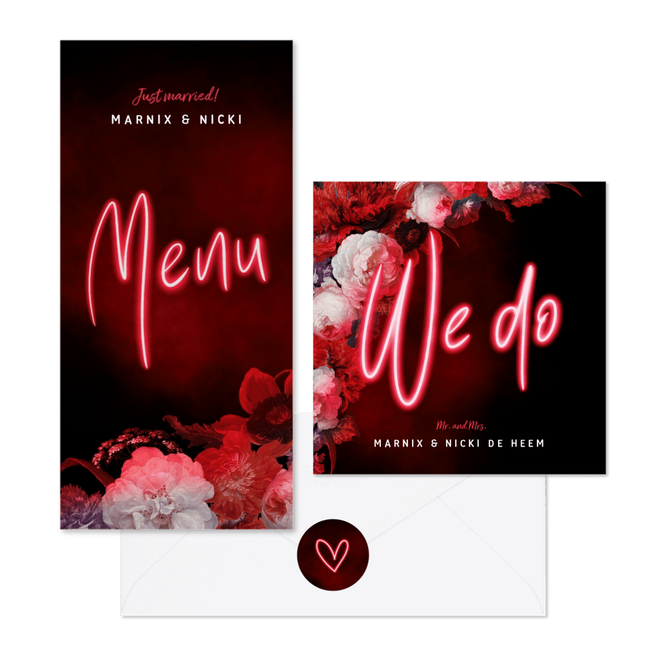 Neon trouwkaartenset met bloemen