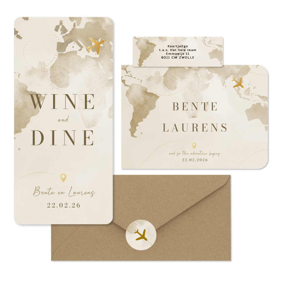 Trouwset reisthema waterverf wereld vliegtuig