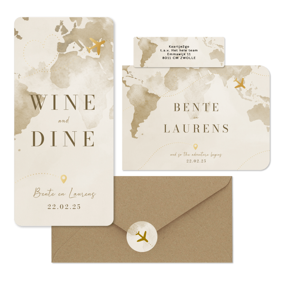 Trouwset reisthema waterverf wereld vliegtuig