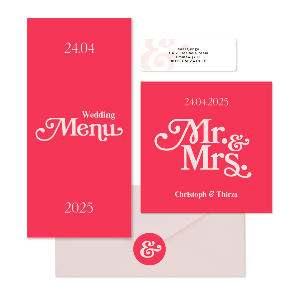 Trouwkaartenset grafische moderne set felroze