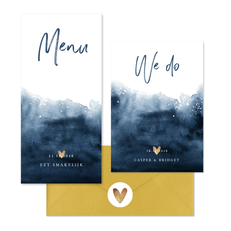 Hippe trouwset blauwe verf en spetters 