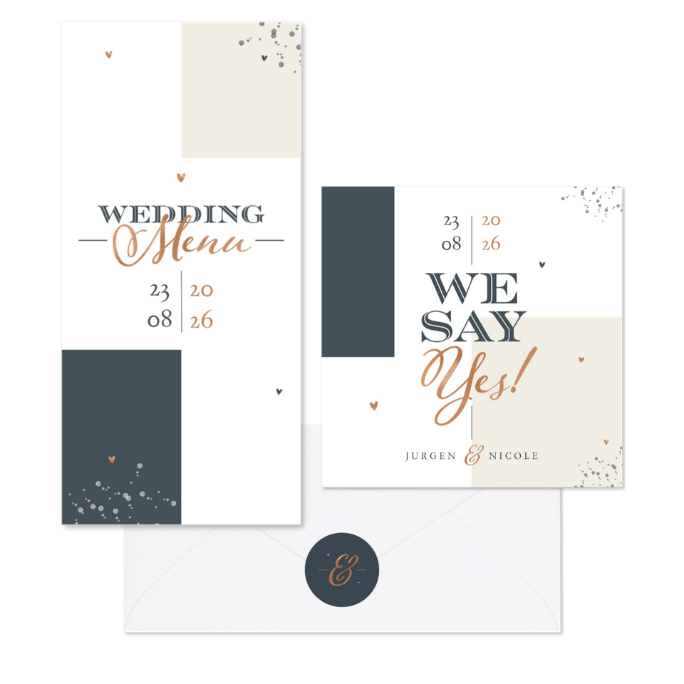 Moderne trouwset met grafische vlakverdeling