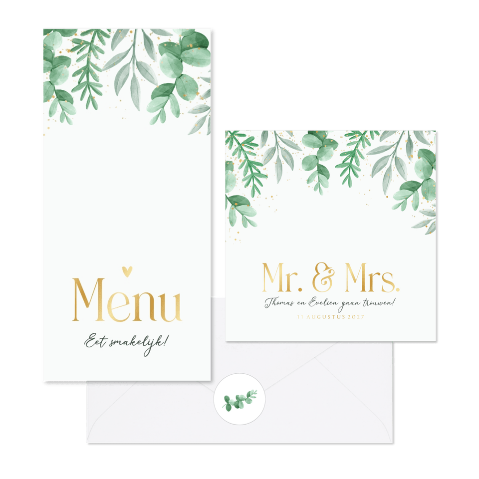 Trouwset eucalyptus bladeren goud hartjes