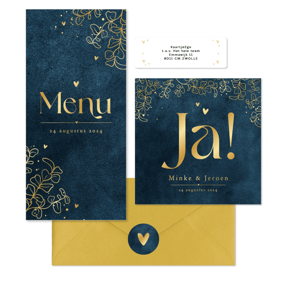 Trouwset velvet blauw eucalyptus lineart goud